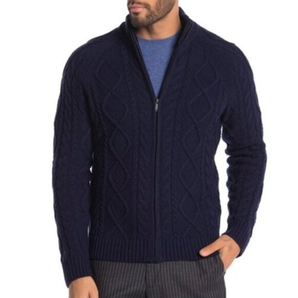 NWT Brooks Brothers Men's Merino Wool Blend Zip Up Cable Knit Sweater Navy XL - Picture 1 of 11